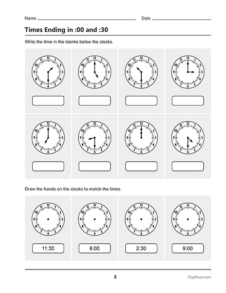 analog clocks workbook hours and half hours