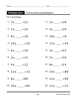 Find the Missing Multipliers Children's Workbook Page