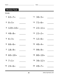 Division Facts Workbook Page