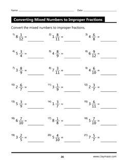 fractions workbook - mixed numbers to improper fractions