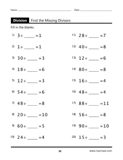 Find the Missing Divisors Workbook Page