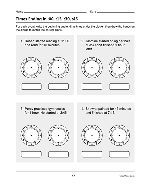 clocks workbook, elapsed time quarter hours