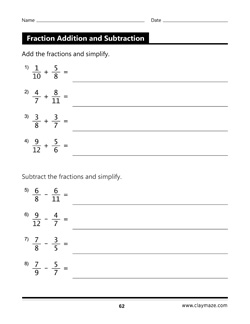 adding fractions and subtracting fractions - workbook