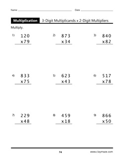 3 Digit Multiplicands Workbook Page