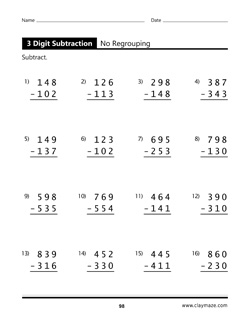 3 Digit Subtraction without Regrouping Book Page