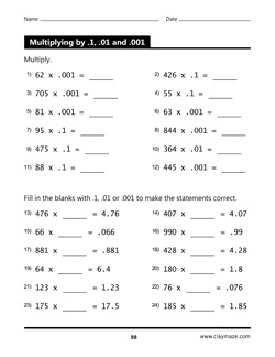 decimals workbook - multiplication with .1 .01 and .001