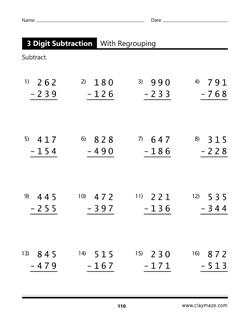 3 Digit Subtraction with Regrouping Book Page