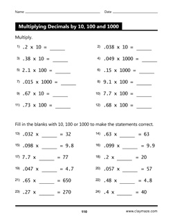 workbook - decimal multiplication with 10, 100, 1000