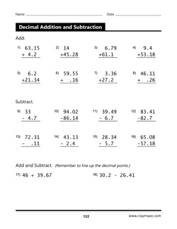 decimal addition and decimal subtraction page from workbook