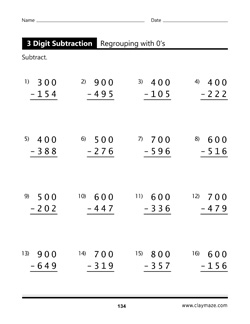 3 Digit Subtraction Regrouping with 0s Book Page