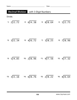 dcimal division with 3-digit numbers workbook