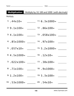 Multiply by 10, 100 and 1000 with Decimals Workbook Page