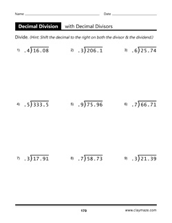 decimal division with decimal divisors worksheet from book