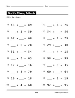 Find the Missing Addends Workbook Page