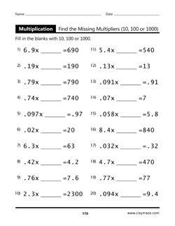 Find the Missing Multipliers 10, 100 and 1000 Workbook Page