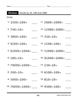 Divide by 10, 100 and 1000 Workbook Page