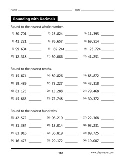 rounding decimals - whole number, tenths and hundreths worksheet from book