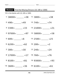 Find the Missing Divisors 10, 100 and 1000 Workbook Page