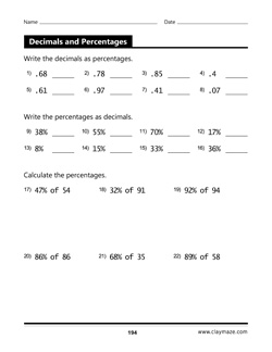 decimals and percentages page from book