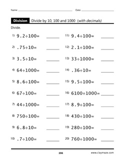 Divide by 10, 100 and 1000 with Decimals Workbook Page