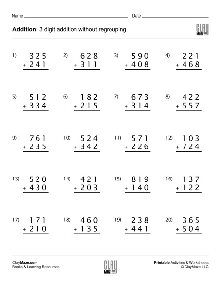 Addition Worksheet (set-B): 3 digit addition – no regrouping
