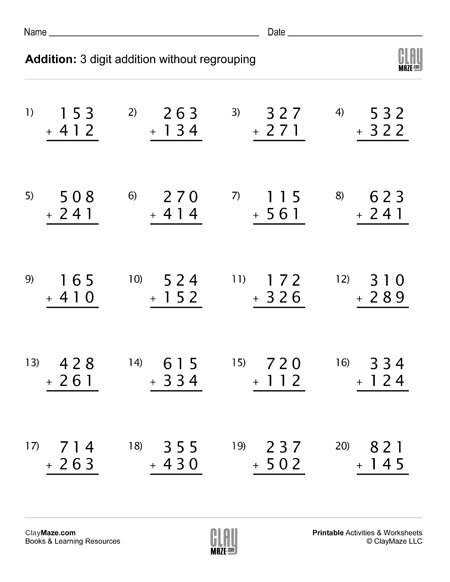 addition worksheets without regrouping 3 digit
