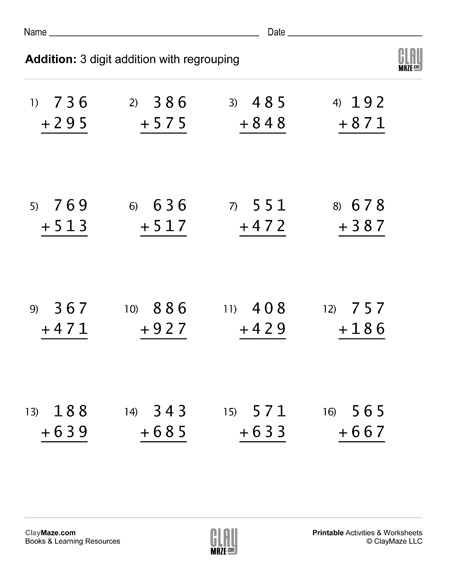 Adding With Regrouping 3 Digit Numbers Worksheets