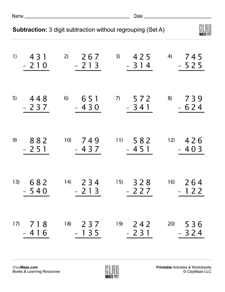 subtraction-worksheet-3-digit-subtraction-without-regrouping-set-a