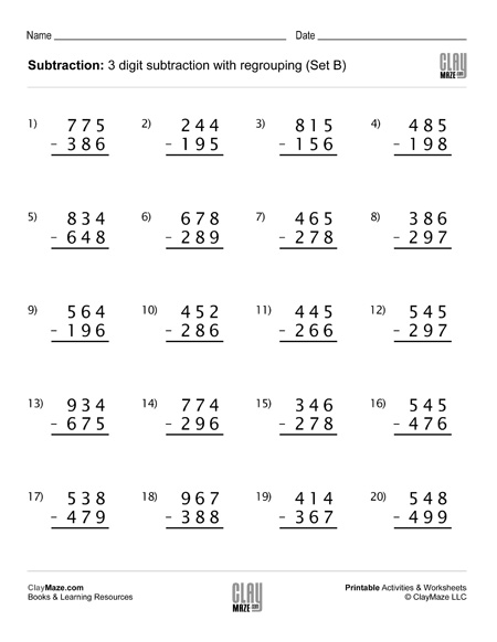 Math worksheets borrowing subtraction