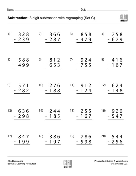 Subtraction Worksheet 3 Digit Subtraction With Regrouping Set C Homeschool Books Math 