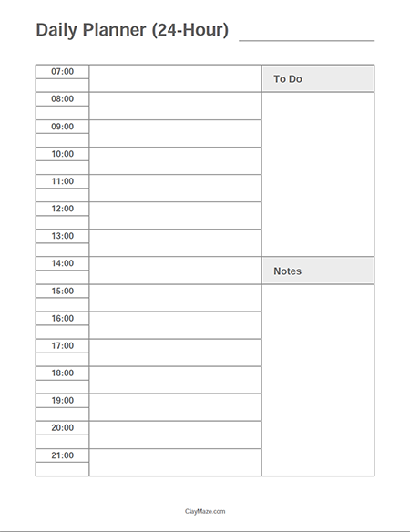 Daily planner with to do and notes (24 hour format)
