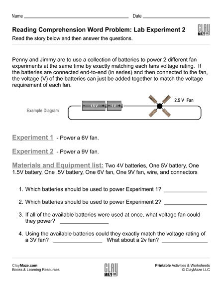 reading comprehension word problem with battery worksheet