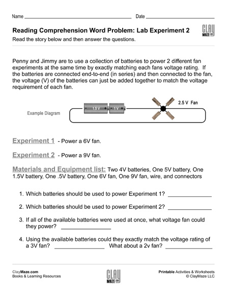 reading comprehension word problem with battery worksheet