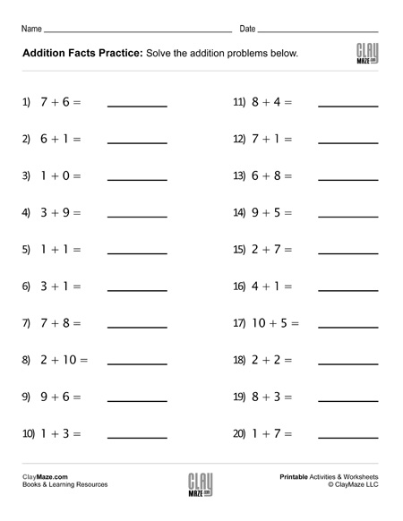 addition facts worksheet