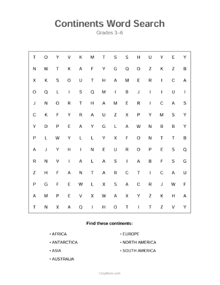 Free word search worksheet on the seven continents.