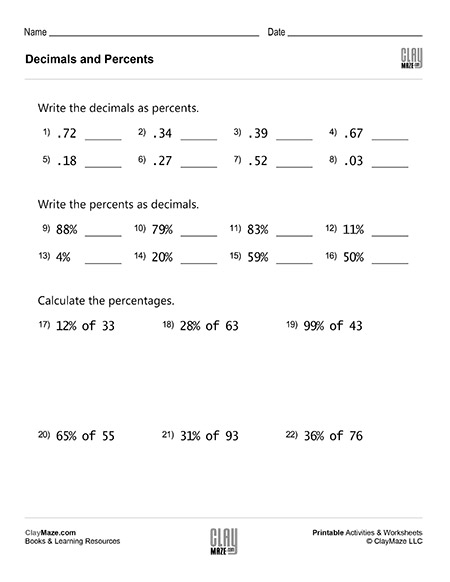Decimals and Percents Worksheets: Converting Between Decimals and ...
