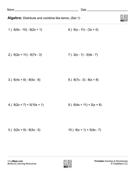 algebra distribute and combine like terms worksheet 1