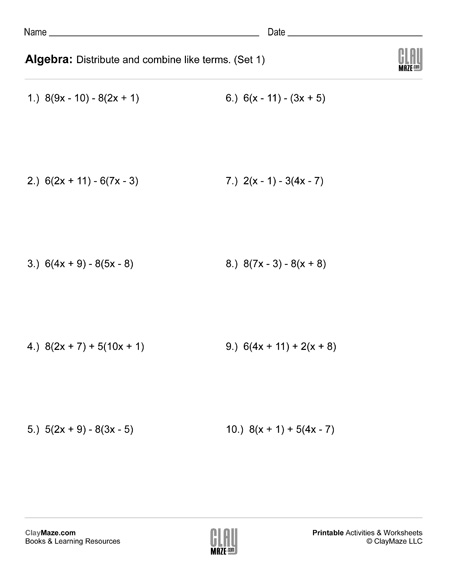 algebra distribute and combine like terms worksheet 1