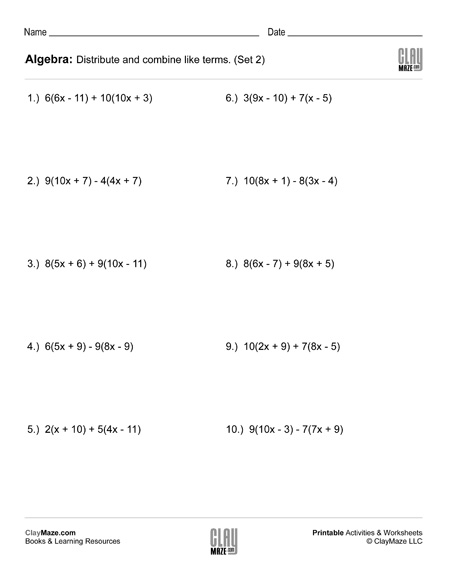 algebra distribute and combine like terms worksheet 2