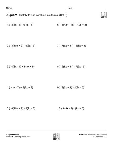 algebra distribute and combine like terms worksheet 3