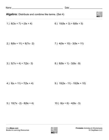 algebra distribute and combine like terms worksheet 4