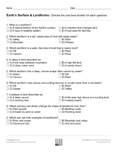 Earth's surface and landforms worksheets.