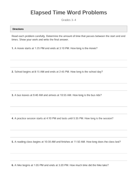Elapsed time word problems worksheet