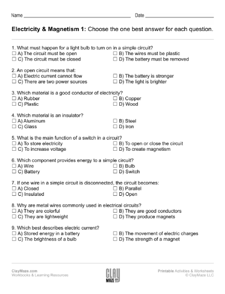 Electricity and magnetism worksheets.