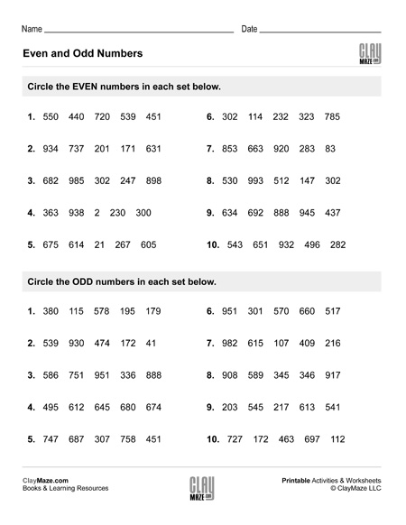 even numbers and odd numbers worksheet