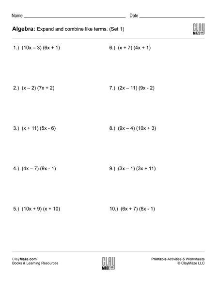 expand and combine like terms worksheet