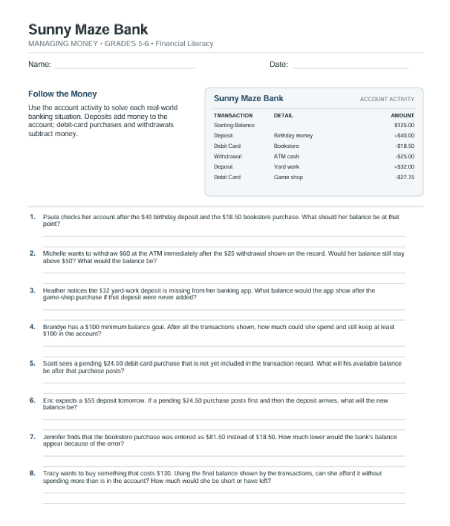 Financial literacy worksheet on income and expenses.
