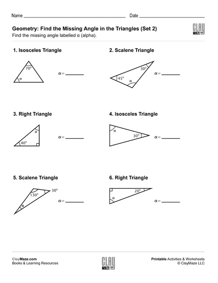 geometry triangles missing angle worksheet