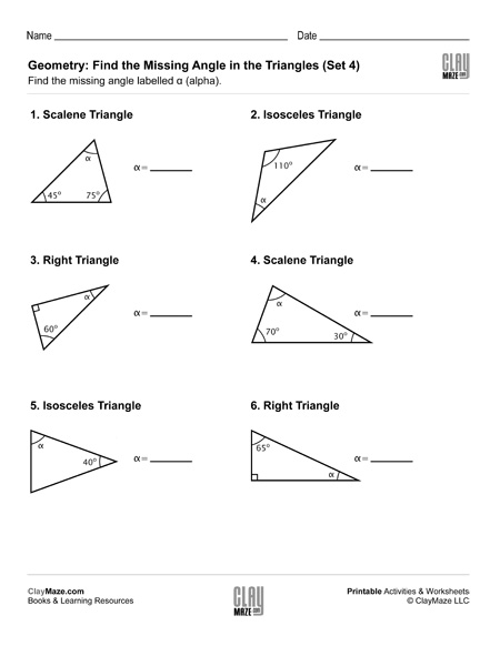 geometry triangles missing angle worksheet
