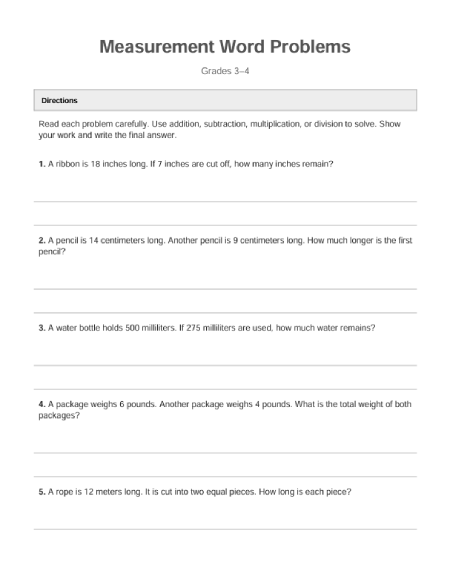 Free measurement word problems worksheet.
